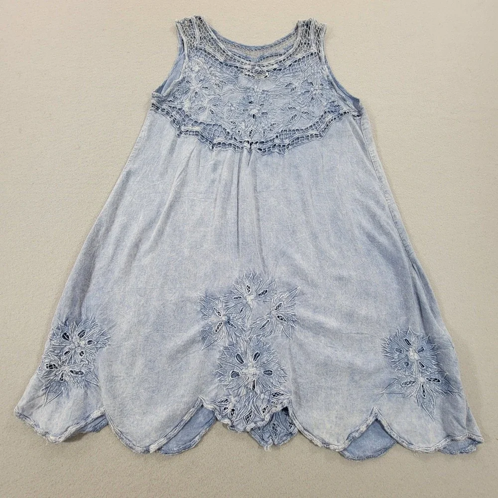 Tiare Hawaii Boho Tunic Top Cover Up Blue Embroidered Lace Sleeveless OS Flowy - Picture 4 of 10
